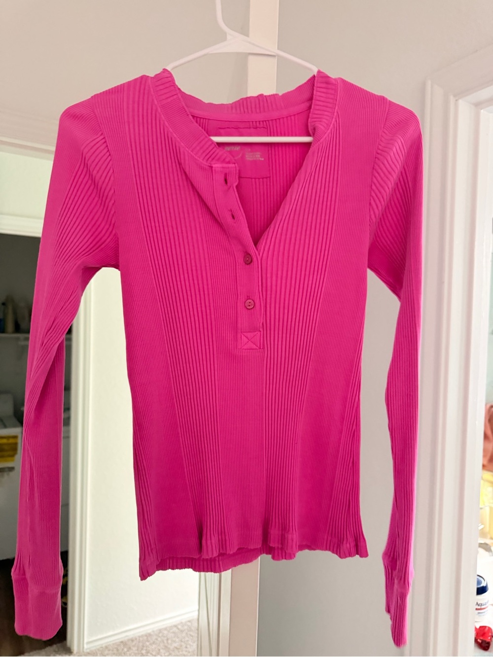 Aerie Ribbed Henley Long Sleeve Top - Hot Pink